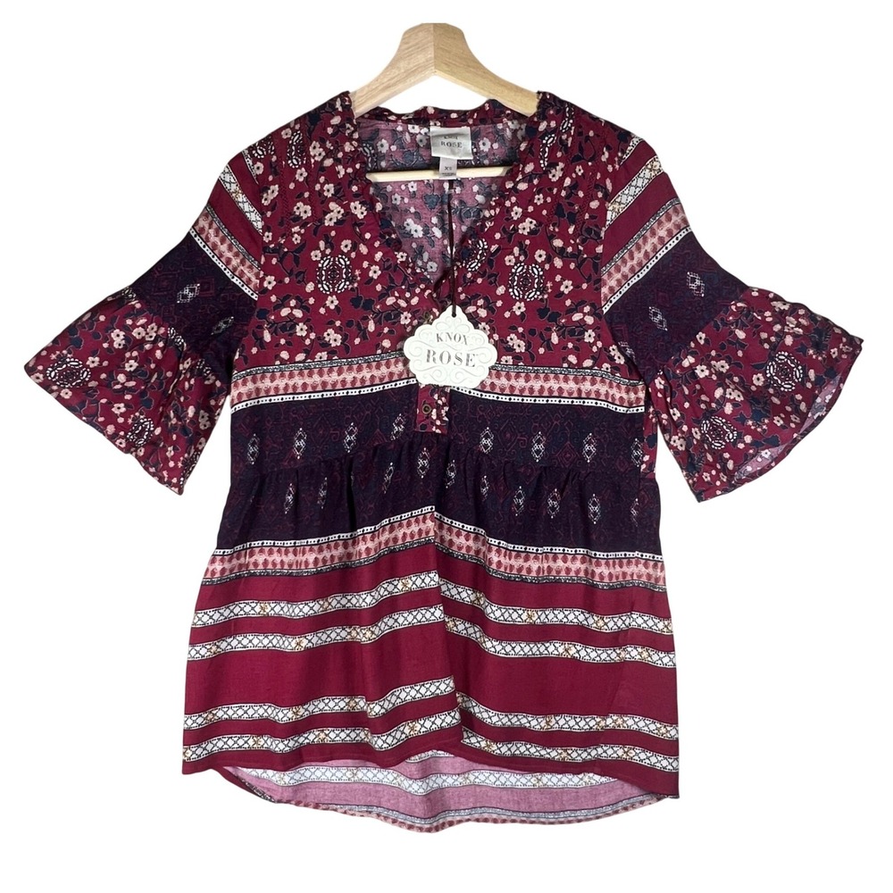 Knox Rose Womens XS Deep Cherry Floral Patchwork Boho Bell Sleeve Babydoll Top